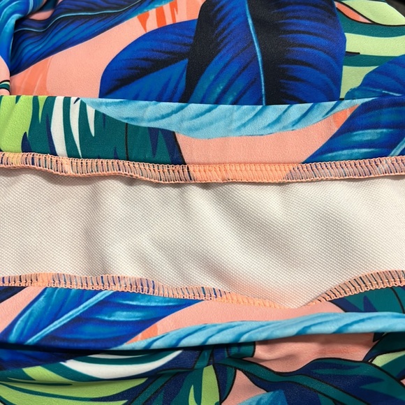 Long Sleeve two piece pink and blue flower print bathing suit with built in bra - Picture 11 of 11